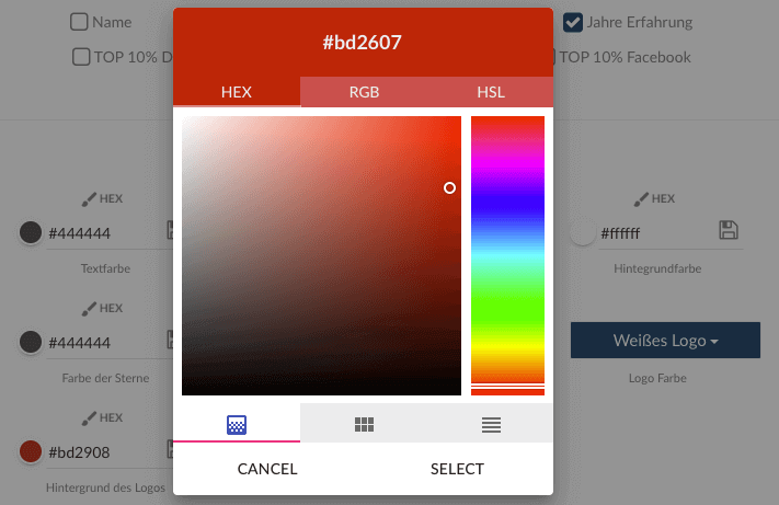 Konfiguration der Trustami Vertrauenssiegel Colorpicker