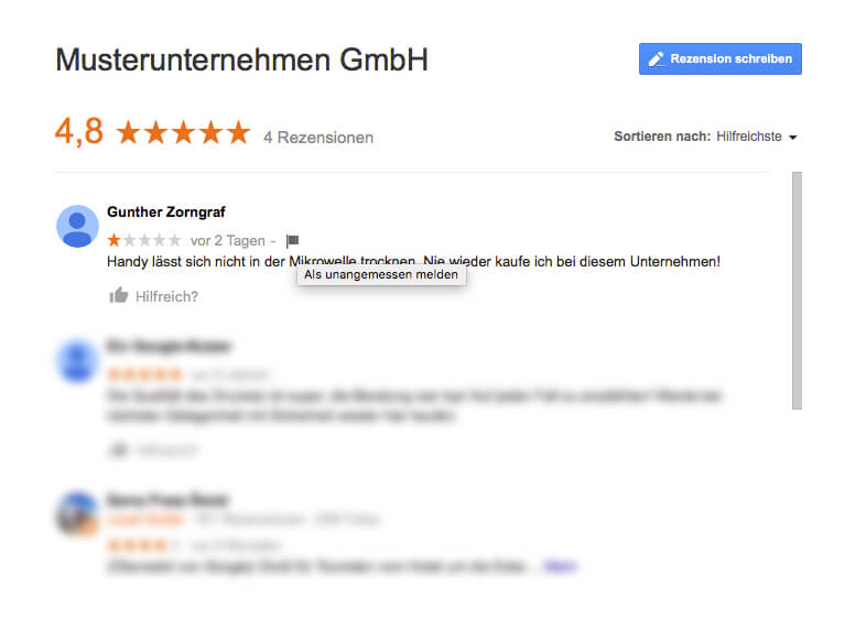 Musterrezension bei Google Places