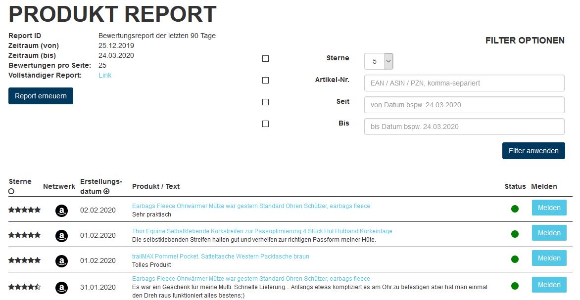 Der Produkt Report zeigt Ihnen alle Produktbewertungen der letzten 90 Tage